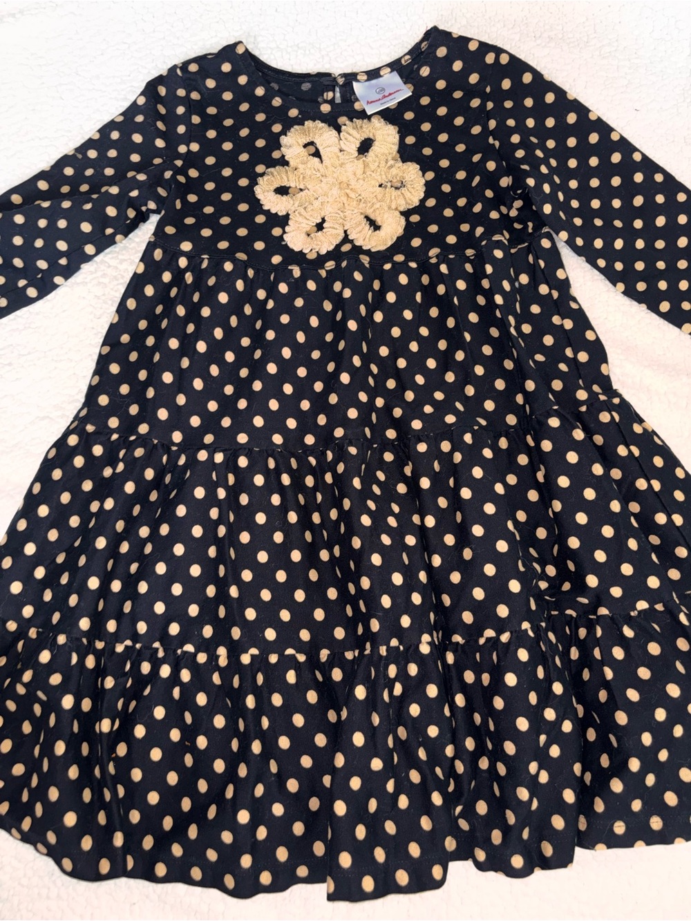 Hanna Andersson Black Dress with Gold Polka Dots and Crochet Flower